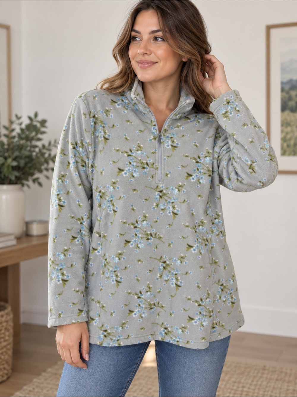 Lands’ End Women’s Floral Fleece Quarter Zip Pullover Gray Blue Green 3x